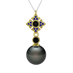 Siyah inci, siyah zirkon ve lab safir 14 ayar altın kolye (40 cm gümüş rolo zincir)