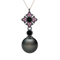 Teimei İnci Kolye - Siyah inci, siyah zirkon ve pembe kuvars 925 ayar siyah rodyum kaplama gümüş kolye (40 cm rose altın rolo zincir) #linwzl