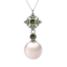Teimei İnci Kolye - Pembe inci ve peridot 8 ayar beyaz altın kolye (40 cm gümüş rolo zincir) #ltc28n