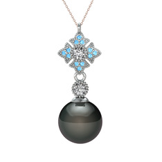 Teimei İnci Kolye - Siyah inci, beyaz zirkon ve akuamarin 14 ayar beyaz altın kolye (40 cm rose altın rolo zincir) #m2ztqg
