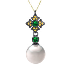 Teimei İnci Kolye - Inci, yeşil kuvars ve sitrin 925 ayar siyah rodyum kaplama gümüş kolye (40 cm altın rolo zincir) #m4bews