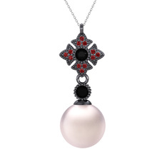 Teimei İnci Kolye - Pembe inci, siyah zirkon ve garnet 925 ayar siyah rodyum kaplama gümüş kolye (40 cm gümüş rolo zincir) #maq0ac