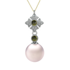 Pembe inci, peridot ve beyaz zirkon 925 ayar gümüş kolye (40 cm altın rolo zincir)