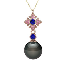 Teimei İnci Kolye - Siyah inci, lab safir ve pembe kuvars 14 ayar rose altın kolye (40 cm altın rolo zincir) #mqkxow