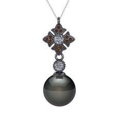 Teimei İnci Kolye - Siyah inci, pırlanta ve dumanlı kuvars 925 ayar siyah rodyum kaplama gümüş kolye (0.22 karat, 40 cm beyaz altın rolo zincir) #n086bz