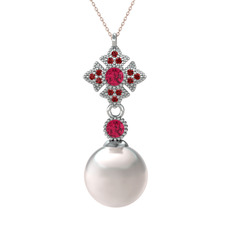 Teimei İnci Kolye - Inci, rodolit garnet ve garnet 14 ayar beyaz altın kolye (40 cm gümüş rolo zincir) #n093c0