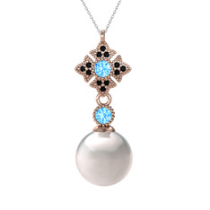 Teimei İnci Kolye - Inci, akuamarin ve siyah zirkon 14 ayar rose altın kolye (40 cm beyaz altın rolo zincir) #n7ypdw