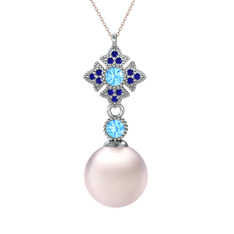 Teimei İnci Kolye - Pembe inci, akuamarin ve lab safir 14 ayar beyaz altın kolye (40 cm rose altın rolo zincir) #n80oul