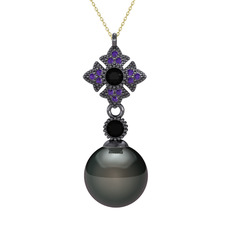 Siyah inci, siyah zirkon ve ametist 925 ayar siyah rodyum kaplama gümüş kolye (40 cm altın rolo zincir)