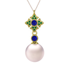 Teimei İnci Kolye - Pembe inci, lab safir ve yeşil kuvars 8 ayar altın kolye (40 cm rose altın rolo zincir) #naqnq6