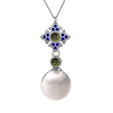 Teimei İnci Kolye - Inci, peridot ve lab safir 14 ayar beyaz altın kolye (40 cm gümüş rolo zincir) #nbtzze