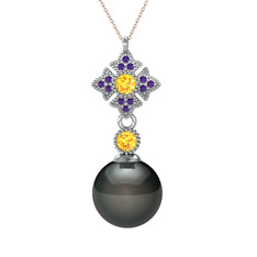 Teimei İnci Kolye - Siyah inci, sitrin ve ametist 14 ayar beyaz altın kolye (40 cm rose altın rolo zincir) #neyj0g