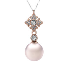 Pembe inci, beyaz zirkon ve pırlanta 925 ayar rose altın kaplama gümüş kolye (0.1056 karat, 40 cm beyaz altın rolo zincir)