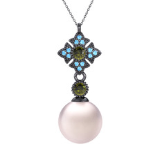 Teimei İnci Kolye - Pembe inci, peridot ve akuamarin 925 ayar siyah rodyum kaplama gümüş kolye (40 cm gümüş rolo zincir) #o8xavj