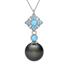 Teimei İnci Kolye - Siyah inci ve akuamarin 8 ayar beyaz altın kolye (40 cm gümüş rolo zincir) #o96utz