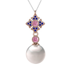 Teimei İnci Kolye - Inci, pembe kuvars ve lab safir 8 ayar rose altın kolye (40 cm beyaz altın rolo zincir) #oflaf6
