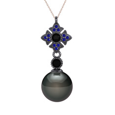 Teimei İnci Kolye - Siyah inci, siyah zirkon ve lab safir 925 ayar siyah rodyum kaplama gümüş kolye (40 cm rose altın rolo zincir) #omsjhq