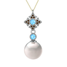Teimei İnci Kolye - Inci, akuamarin ve dumanlı kuvars 14 ayar beyaz altın kolye (40 cm altın rolo zincir) #otwga2