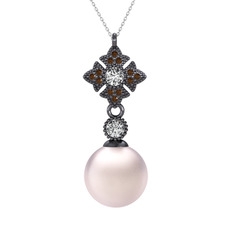 Pembe inci, beyaz zirkon ve dumanlı kuvars 925 ayar siyah rodyum kaplama gümüş kolye (40 cm gümüş rolo zincir)