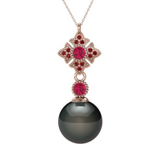 Siyah inci, rodolit garnet ve garnet 8 ayar rose altın kolye (40 cm gümüş rolo zincir)