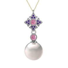 Teimei İnci Kolye - Inci, pembe kuvars ve ametist 14 ayar beyaz altın kolye (40 cm gümüş rolo zincir) #p9y6av