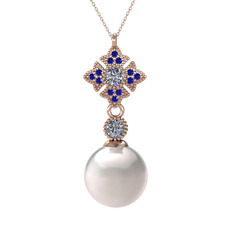 Teimei İnci Kolye - Inci, pırlanta ve lab safir 8 ayar rose altın kolye (0.22 karat, 40 cm rose altın rolo zincir) #piakqz