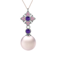 Teimei İnci Kolye - Pembe inci, ametist ve pembe kuvars 925 ayar gümüş kolye (40 cm rose altın rolo zincir) #prexba
