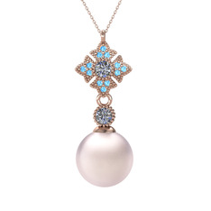 Pembe inci, pırlanta ve akuamarin 14 ayar rose altın kolye (0.22 karat, 40 cm rose altın rolo zincir)