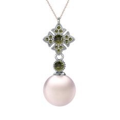 Teimei İnci Kolye - Pembe inci ve peridot 8 ayar beyaz altın kolye (40 cm rose altın rolo zincir) #q4wdvh