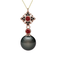 Siyah inci, garnet ve siyah zirkon 8 ayar rose altın kolye (40 cm altın rolo zincir)