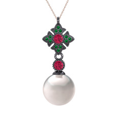 Inci, rodolit garnet ve yeşil kuvars 925 ayar siyah rodyum kaplama gümüş kolye (40 cm rose altın rolo zincir)