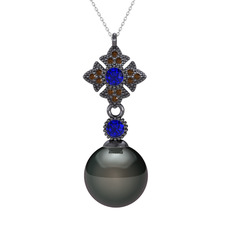 Teimei İnci Kolye - Siyah inci, lab safir ve dumanlı kuvars 925 ayar siyah rodyum kaplama gümüş kolye (40 cm beyaz altın rolo zincir) #qdyd2w