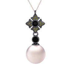 Teimei İnci Kolye - Pembe inci, siyah zirkon ve peridot 925 ayar siyah rodyum kaplama gümüş kolye (40 cm gümüş rolo zincir) #qhcjnj