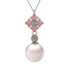 Teimei İnci Kolye - Pembe inci, pırlanta ve pembe kuvars 14 ayar rose altın kolye (0.22 karat, 40 cm gümüş rolo zincir) #qp6x2c