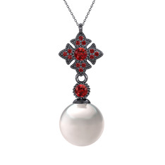 Teimei İnci Kolye - Inci ve garnet 925 ayar siyah rodyum kaplama gümüş kolye (40 cm gümüş rolo zincir) #qpggtk