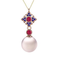 Teimei İnci Kolye - Pembe inci, rodolit garnet ve lab safir 925 ayar rose altın kaplama gümüş kolye (40 cm altın rolo zincir) #qt430n