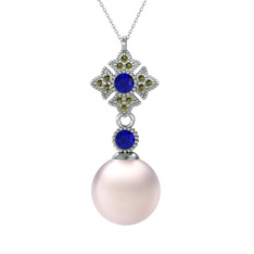 Pembe inci, lab safir ve peridot 925 ayar gümüş kolye (40 cm gümüş rolo zincir)
