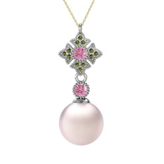 Pembe inci, pembe kuvars ve peridot 925 ayar gümüş kolye (40 cm altın rolo zincir)