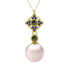 Teimei İnci Kolye - Pembe inci, peridot ve lab safir 8 ayar altın kolye (40 cm altın rolo zincir) #re545k