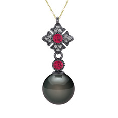 Teimei İnci Kolye - Siyah inci, rodolit garnet ve beyaz zirkon 925 ayar siyah rodyum kaplama gümüş kolye (40 cm gümüş rolo zincir) #rhsmp4