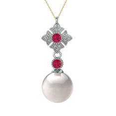 Teimei İnci Kolye - Inci, rodolit garnet ve beyaz zirkon 925 ayar gümüş kolye (40 cm altın rolo zincir) #segvfh