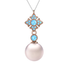 Teimei İnci Kolye - Pembe inci ve akuamarin 8 ayar rose altın kolye (40 cm beyaz altın rolo zincir) #sftomq