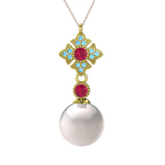 Teimei İnci Kolye - Inci, rodolit garnet ve akuamarin 14 ayar altın kolye (40 cm rose altın rolo zincir) #sh9l1q