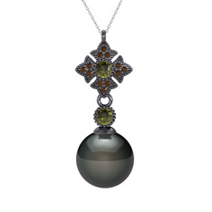 Teimei İnci Kolye - Siyah inci, peridot ve dumanlı kuvars 925 ayar siyah rodyum kaplama gümüş kolye (40 cm gümüş rolo zincir) #snthvh