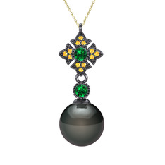 Teimei İnci Kolye - Siyah inci, yeşil kuvars ve sitrin 925 ayar siyah rodyum kaplama gümüş kolye (40 cm altın rolo zincir) #testyu