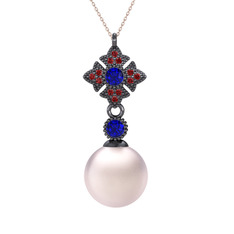 Teimei İnci Kolye - Pembe inci, lab safir ve garnet 925 ayar siyah rodyum kaplama gümüş kolye (40 cm rose altın rolo zincir) #ttn4zk