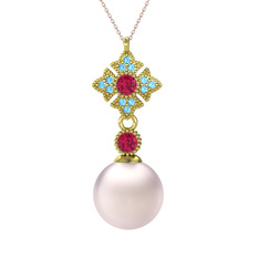 Teimei İnci Kolye - Pembe inci, rodolit garnet ve akuamarin 925 ayar altın kaplama gümüş kolye (40 cm rose altın rolo zincir) #u5mhql