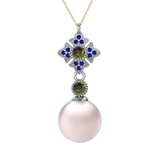 Pembe inci, peridot ve lab safir 925 ayar gümüş kolye (40 cm gümüş rolo zincir)
