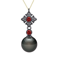 Siyah inci, garnet ve pırlanta 925 ayar siyah rodyum kaplama gümüş kolye (0.1056 karat, 40 cm altın rolo zincir)
