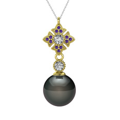 Teimei İnci Kolye - Siyah inci, beyaz zirkon ve ametist 925 ayar altın kaplama gümüş kolye (40 cm gümüş rolo zincir) #ur0mbv
